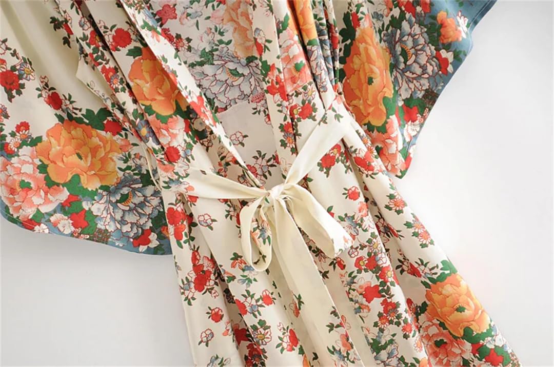 Disimlarl Fajas con estampado floral para mujer, estilo bohemio, con cuello en V, mangas murciélago, maxi bata