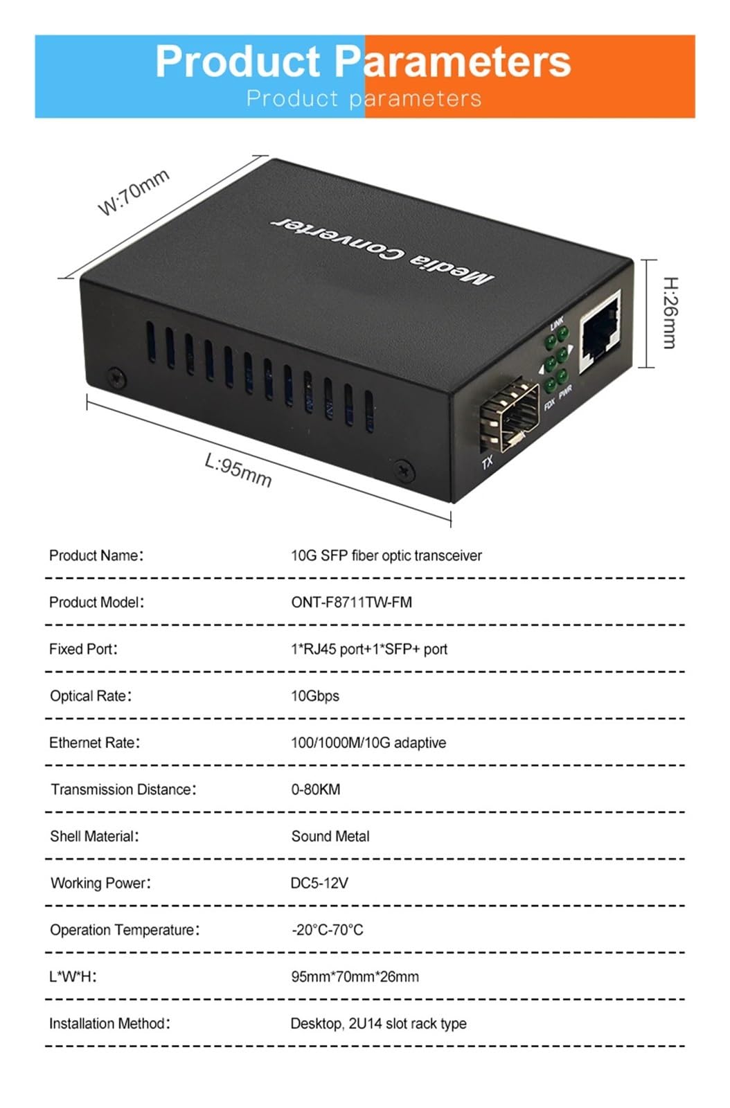 Convertisseur de média Fibre Optique 10G SF.p+ vers RJ45 SF.p+ 10/100/1000 mètres/10G Ethernet Compatible émetteur-récepteur