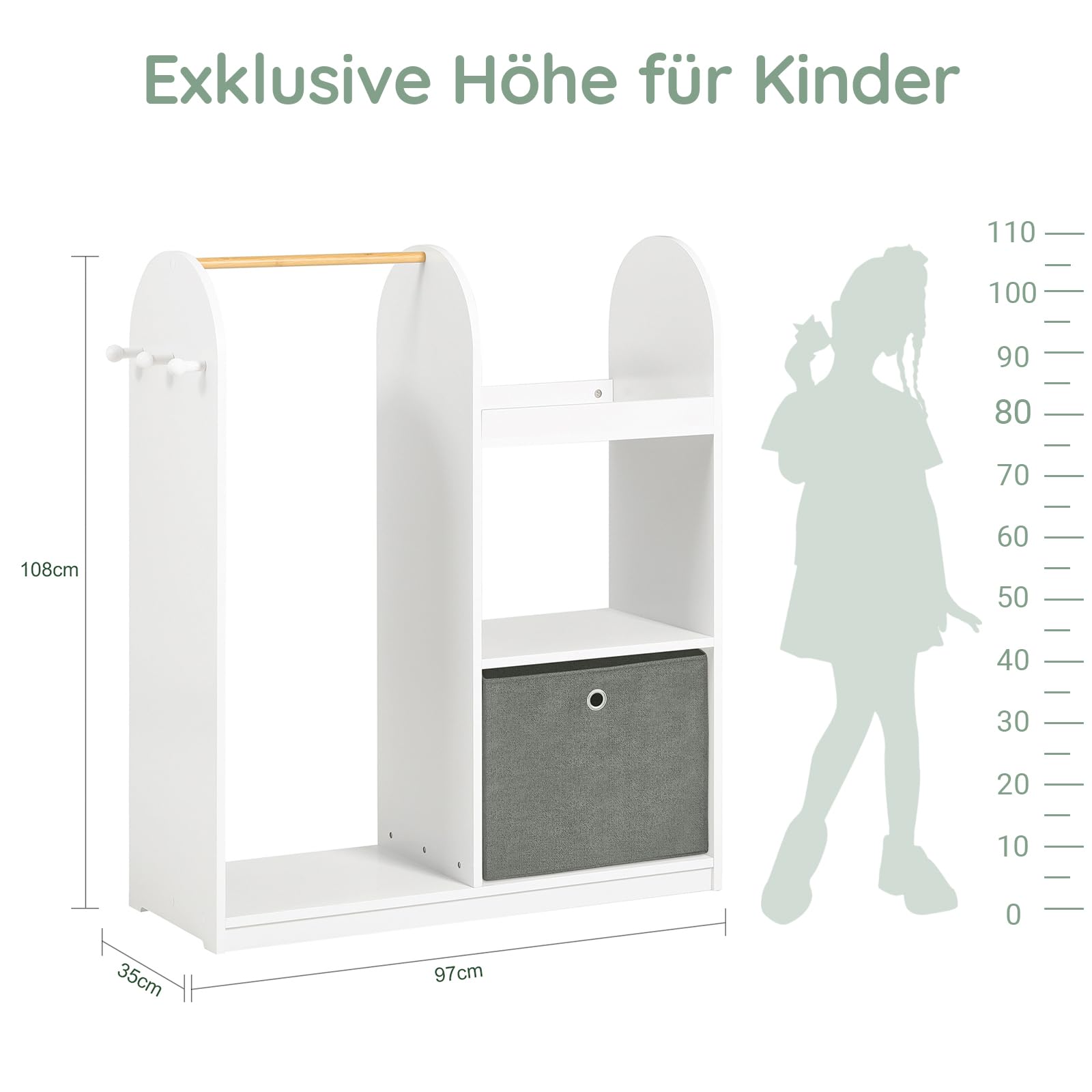 SoBuy Kinderkleiderschrank mit 3 Haken Kindergarderobe Kleiderschrank Kinderzimmer Kinder Kleiderschränke mit Boxen Kleiderständer Kinder Regal Kinderzimmer Weiß 97x108x35cm KMB40-W