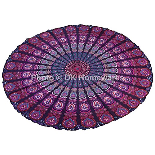 DK Homewares Cotton Indian Mandala Tapestry Wall Hanging Peacock Eye Printed Purple Pink 72 Inches (180 cm) Bohemian Mandala The Round Beach Towel Throw