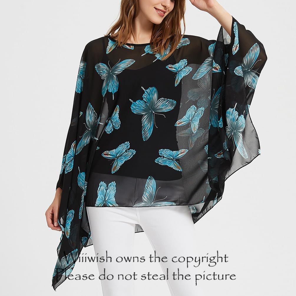 Wiiiwish Women's Loose Solid Long Batwing Sheer Chiffon Caftan Wrap Poncho Tunic Top Topper - Image 5