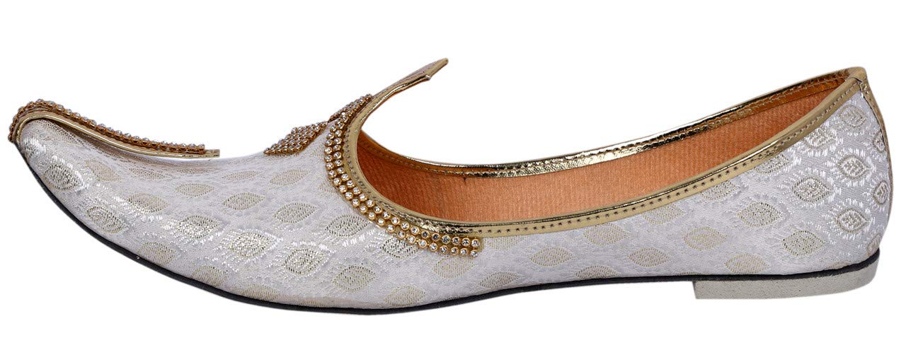DEEUCO Men's Traditional White and Golden Wedding, Party and Sherwani Jutti,Mojari (9) 2