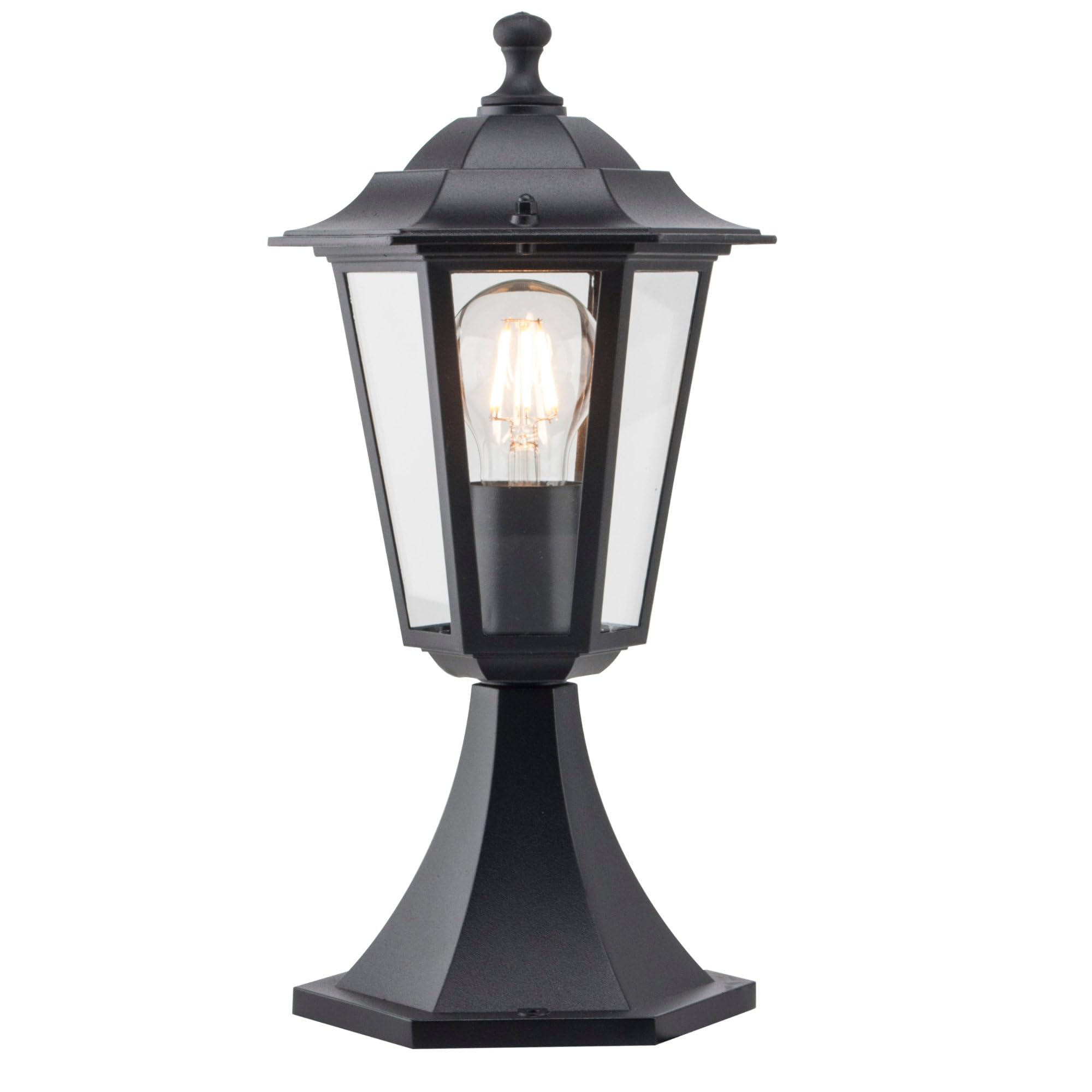 Firstchoicelighting Black & Clear Modern Black Outdoor Post Light, Garden Pedestal Six Sided Glass Lantern Design, Ip44 Rated, Compatible With Led Bulbs