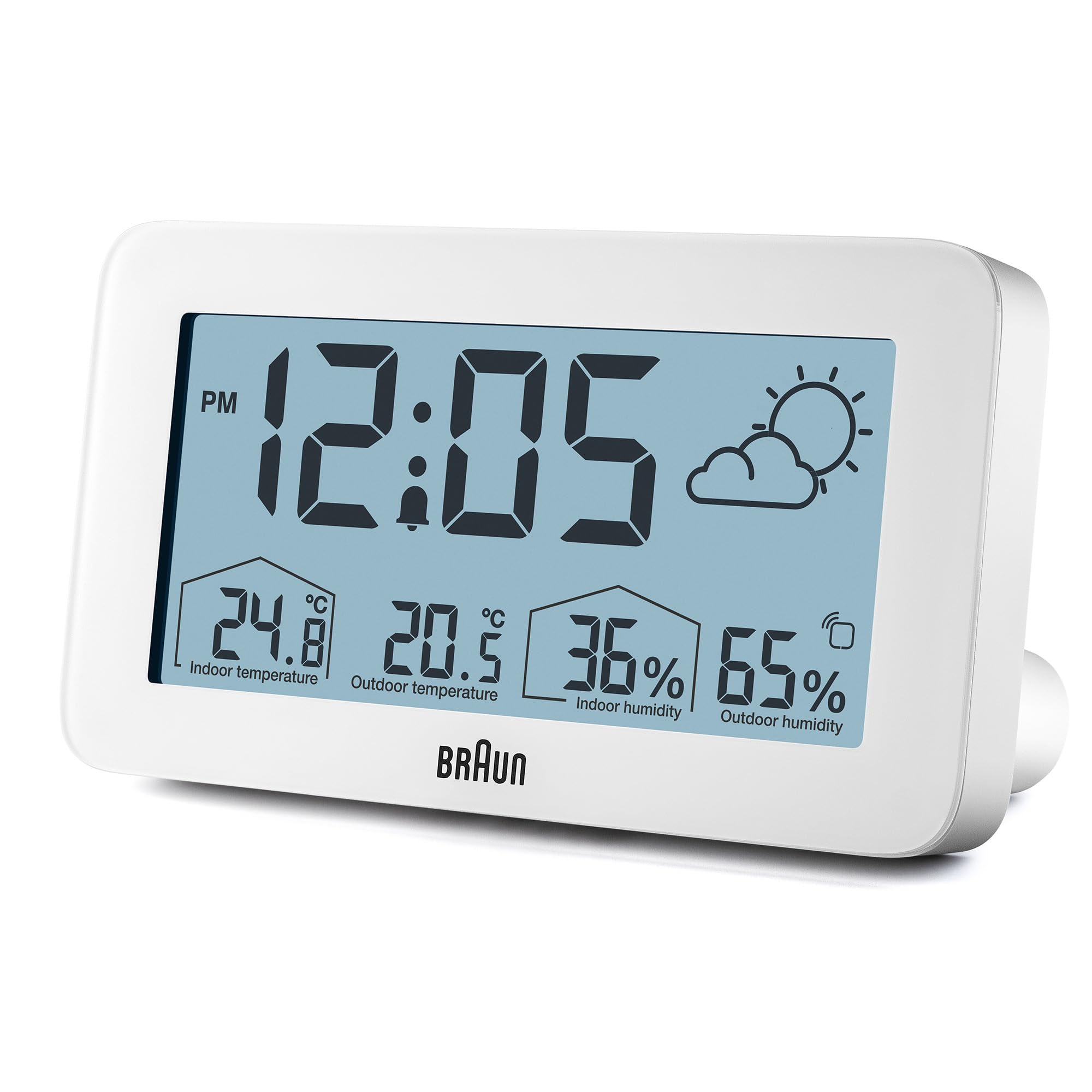 Braun Orologio digitale con stazione meteorologica temperatura e umidità interna ed esterna, previsioni, display LCD, impostazione rapida, allarme sonoro in crescendo, bianco, modello BC13WP.