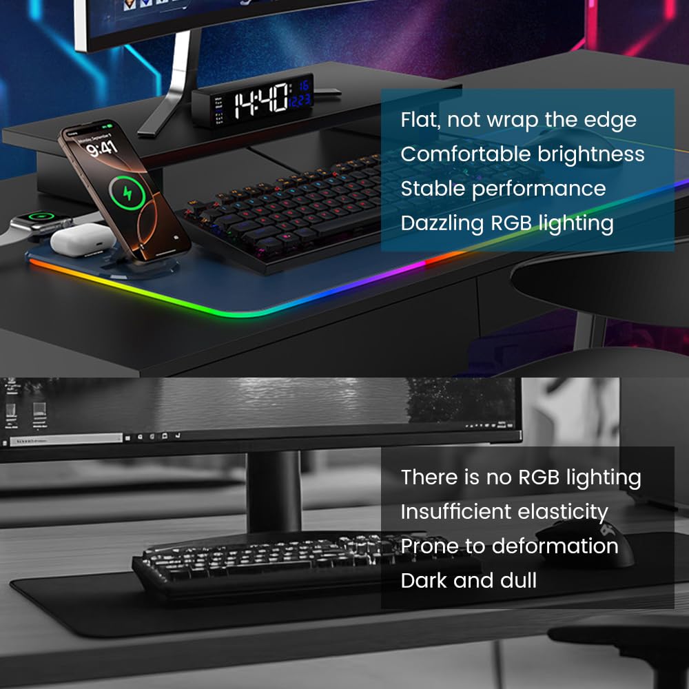 Tappetino per mouse 3 in 1 con ricarica wireless, 80 x 30 cm, RGB con ricarica wireless magnetica, 15 modalità di illuminazione, base antiscivolo, tappetino per tastiera impermeabile, nero
