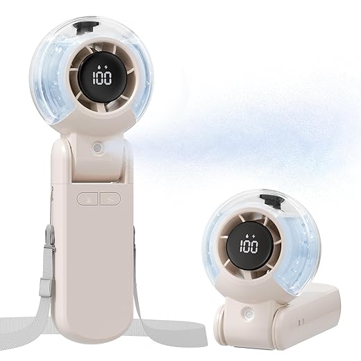 TriPole Misting Fan Portable Turbo Hand Held Fan with Water Mist, LED Display, 4000mAh Recahrgeable Battery, Neck & Desk Use, Personal Mini Handheld Mister Spray Bottle Fans for Outdoor Camping, Beige