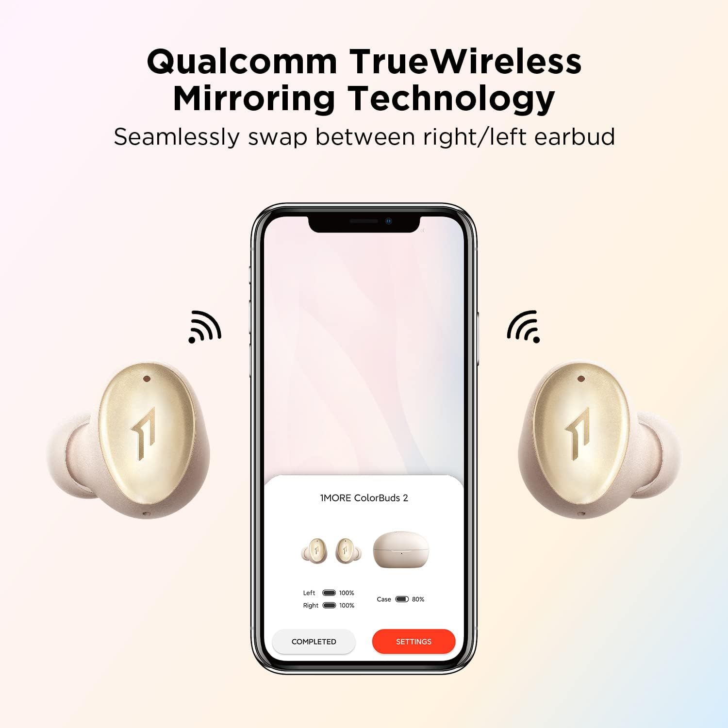 1MORE ColorBuds2 Active Noise Cancelling Wireless Earbuds, Bluetooth 5.2 Headphones, Sound ID, Dual Mode Noise Cancelling, CVC 8.0 for Clear Calls, Fast & Wireless Charging, IPX5, Gold