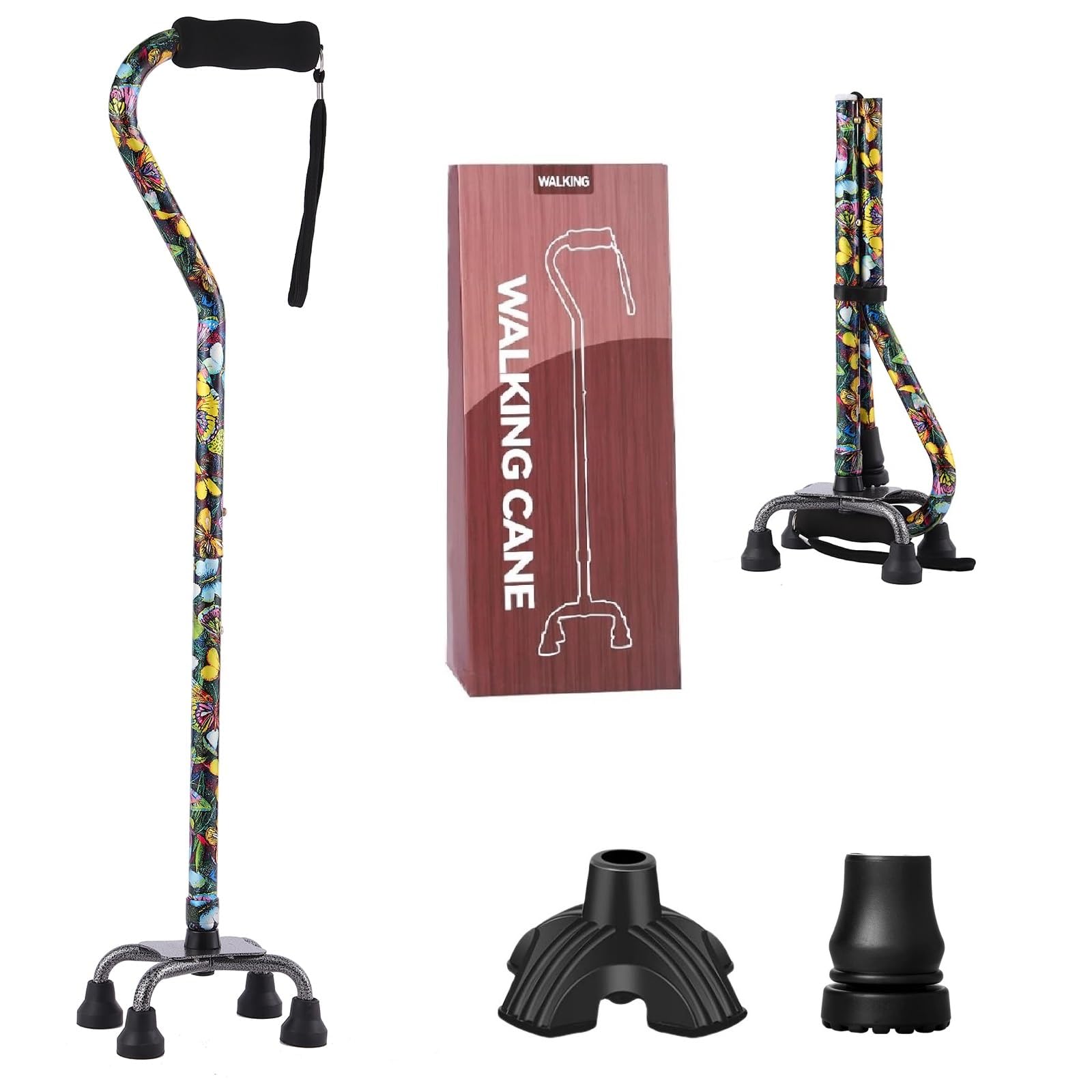Quad Cane YOKABOZE regulowana laska do chodzenia z 4-zębową podstawą dla dodatkowej stabilności silikonowy uchwyt i wymienna lekka aluminiowa laska do chodzenia dla mężczyzn i kobiet