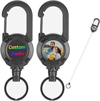 Custom Retractable Keychain Heavy Duty Multitool Carabiner Badge Holder Personalized Photo Logo Text Clip Id Holder with Stainless Steel Cord for Outdoor Camping Tactical Black