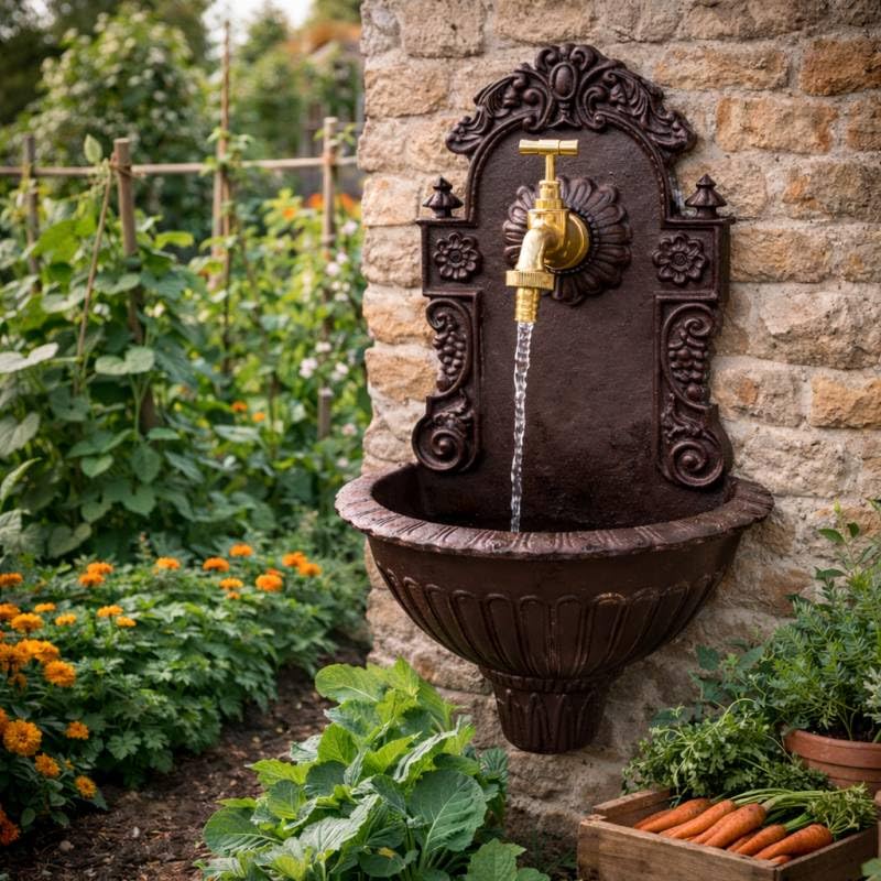 Fontaine de Jardin de Charme Murale Source Fonte Patinée Marron avec Robinet Fonctionnel en Laiton 14x25x40cm