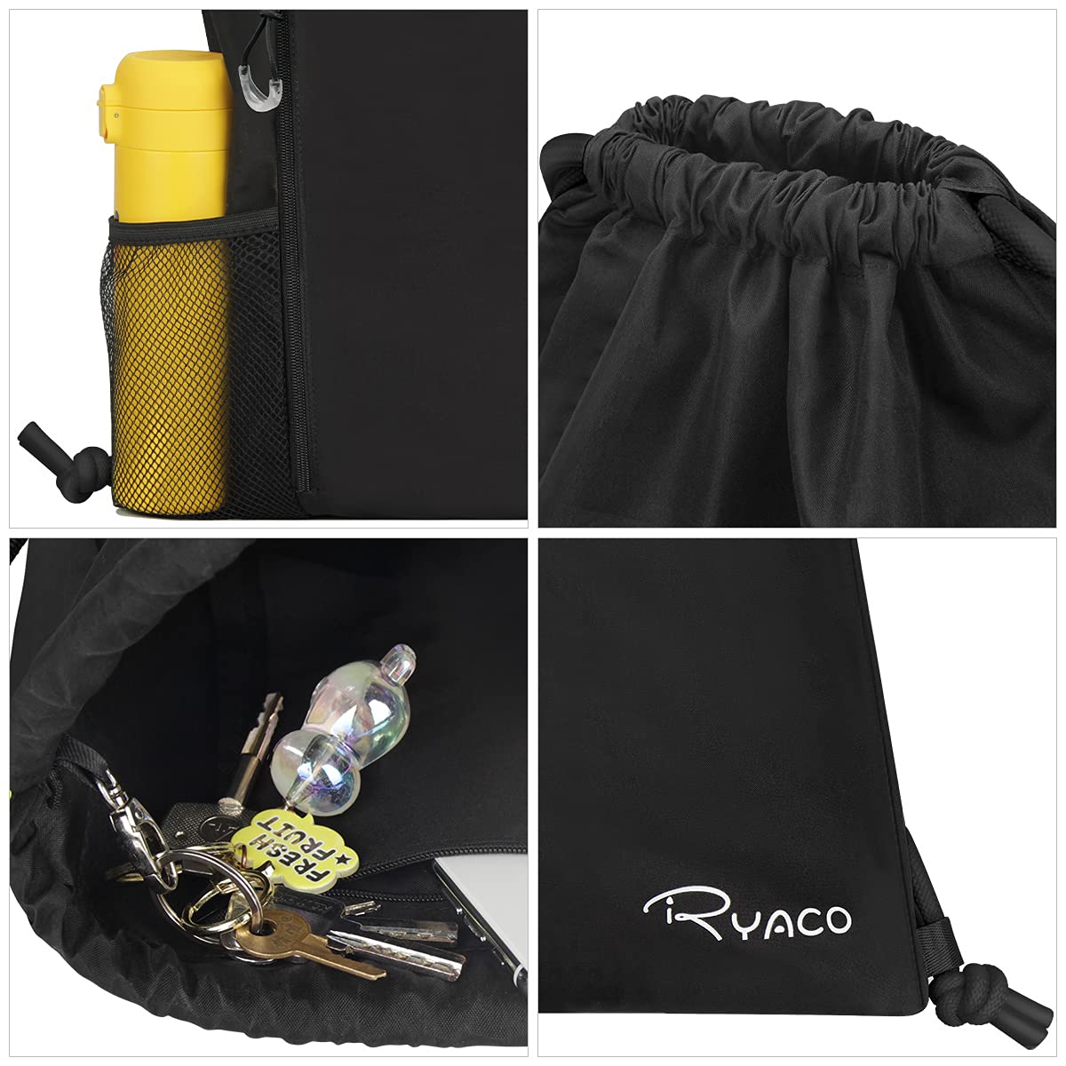 RYACO Waterproof Drawstring Backpack, Swimming Sports Gym Bag, with Outside Zipper Pocket, Water Cup Mesh Packet - Image 3