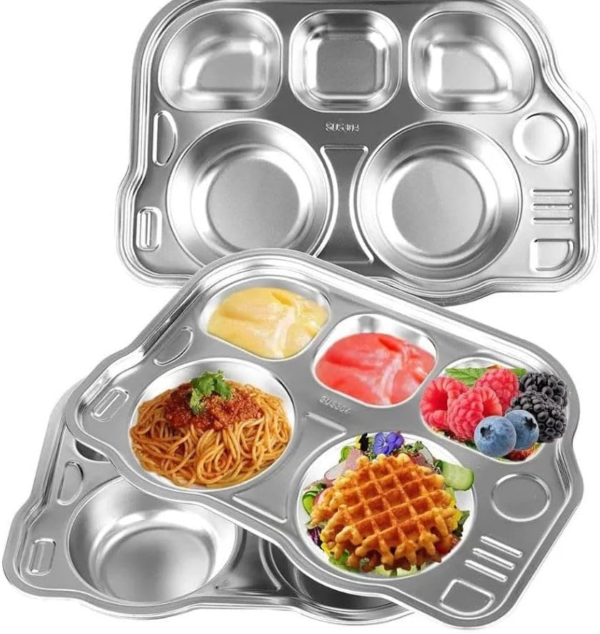 - Happy Hues® Stainless Steel Divided Meal Plate Tray-5 Compartments Dinner Dish for Baby- Toddler- Kids Eating Food - Bus Shape