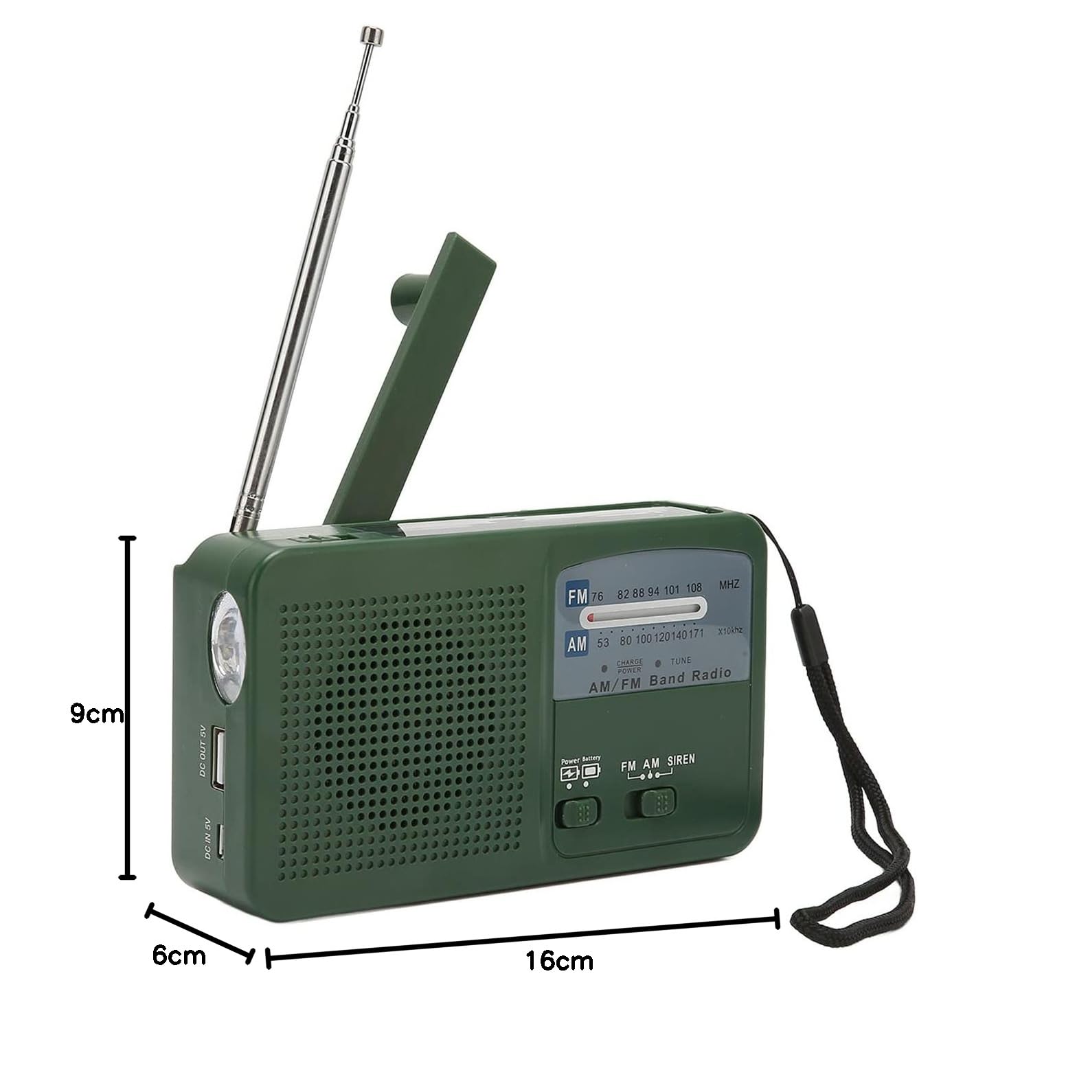 Radio solare, AM FM a manovella, radio di emergenza con torcia a LED, batteria ricaricabile da 500 mAh, per campeggio, viaggi (verde)