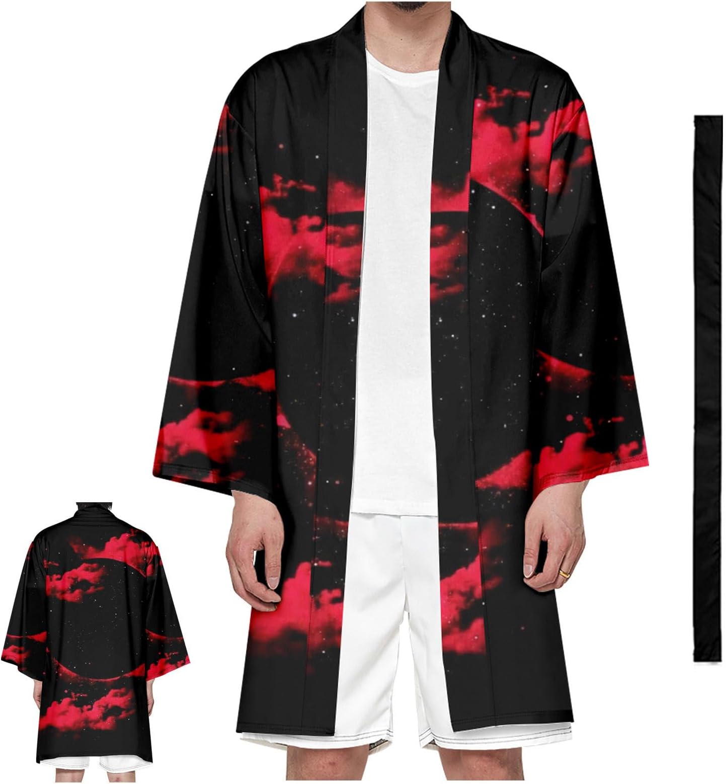 CHUIKUAJ Lightweight Summer Cardigan for Men Long Kimono Jackets Japanese Style Seven Sleeves Open Front Robe Coat with Belt,Black-XS