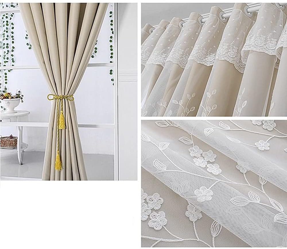 Amidoudou 1 Pair Double Layer Flower Curtains for Girls Room Living Room Pastoral Flowers and Leaf Embroidered Curtains for Bedroom (Beige,54x96 Inch)