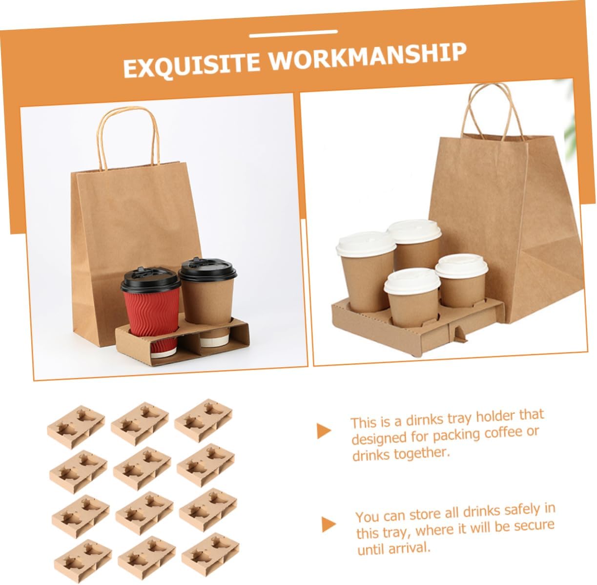 Unomor 50pcs Dual Cup Holder for Car Paper Drink Carrier Tray Takeout Cup Tray Corrugated Paper Drink Holder Easy Beverage Accessory