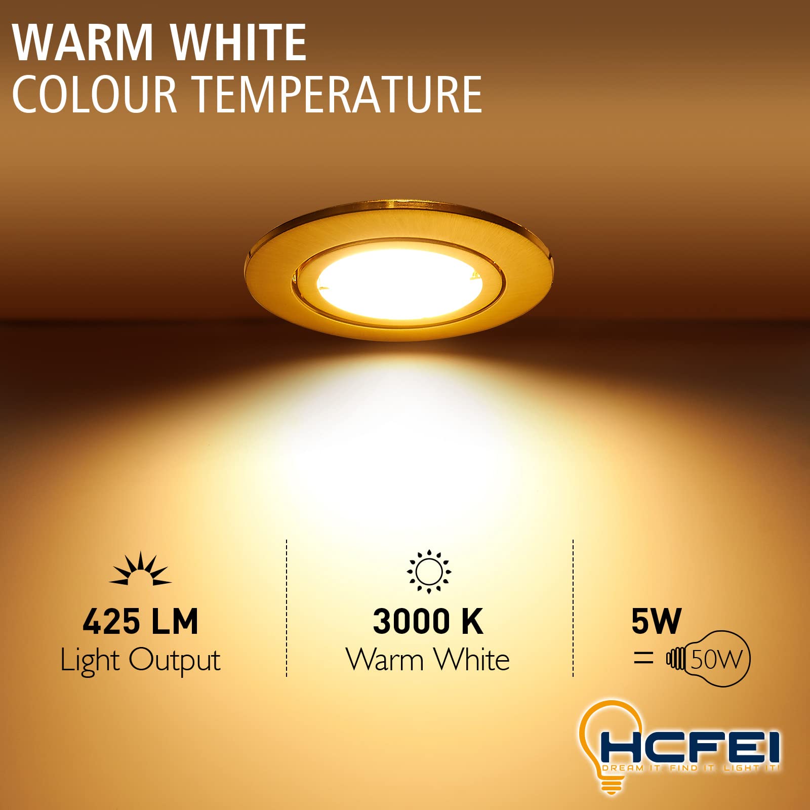 HCFEI Foco LED empotrable regulable en oro mate, redondo, orientable, 5 W, plano, 230 V, foco empotrable de 68 mm, ángulo de haz de 120°, blanco cálido 3000 K (10 unidades)