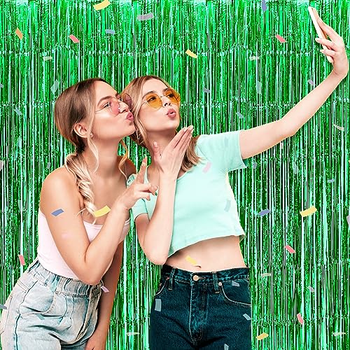 Image of 3 Pack Green Foil Fringe Curtain Backdrop, 3.28Ft x 9.8Ft Metallic Tinsel Foil Fringe Streamer Curtains for Photo Booth, Christmas Day, Thanksgiving, Wedding, New Year Party Decorations