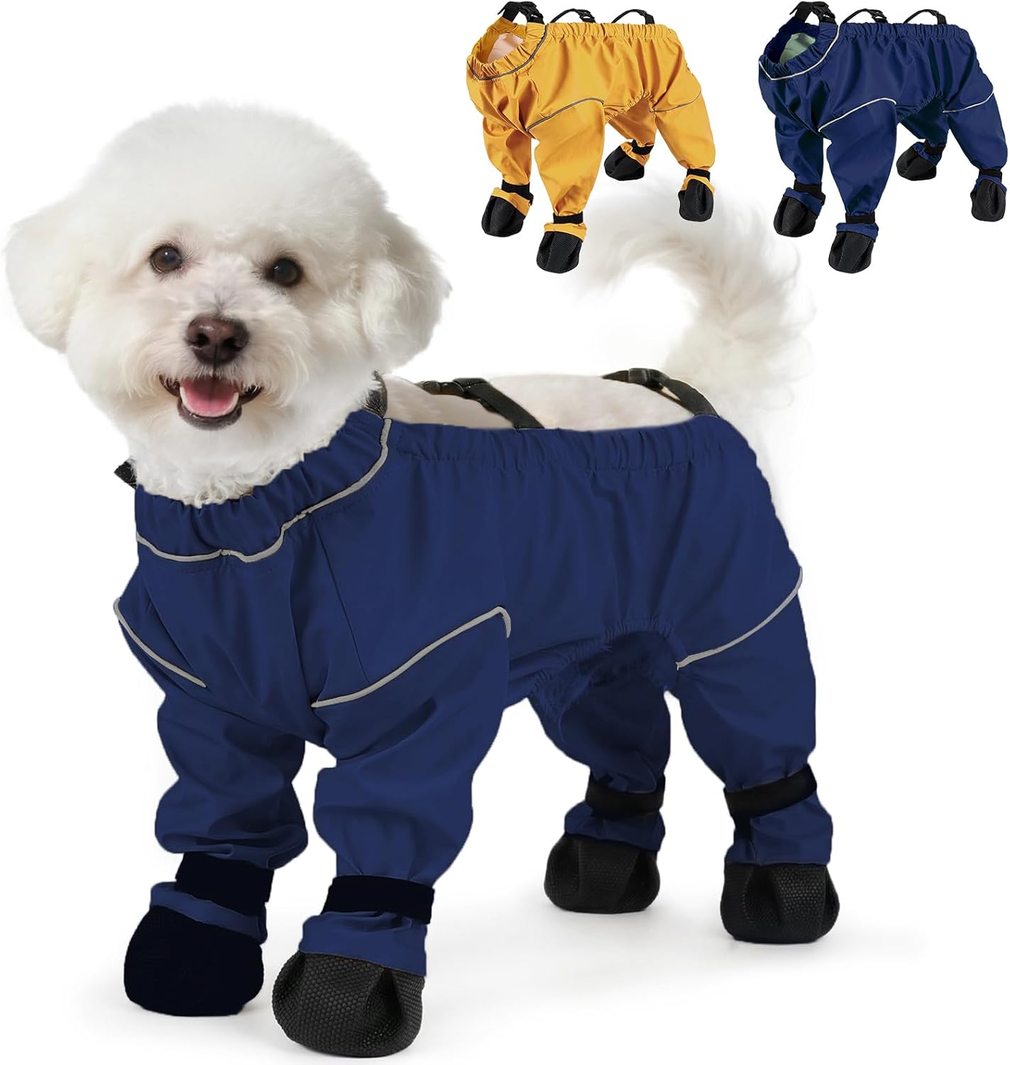 Waterproof & Dirt-Proof Dog Rain Boots for Small Medium Dogs – Adjustable One-Piece Paw Protectors with Reflective Strips and Non-Slip Soles for Rain Snow, Blue S