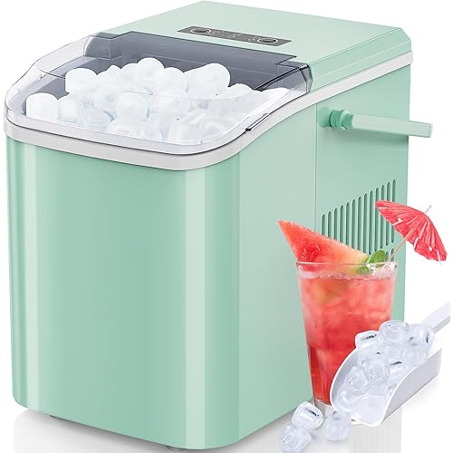 DUMOS Ice Makers Countertop with Handle Ice Machine, Fast in 6 Mins, 26lbs in 24 Hours, Quiet Self-Cleaning, Compact Size Portable for Home, Kitchen, RV, Camping,Modern Green