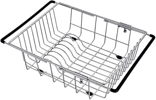 AANAN Ayha - Escurridor rectangular cromado, escurridor de platos expandible, escurridor de platos en el fregadero o en el mostrador con soporte