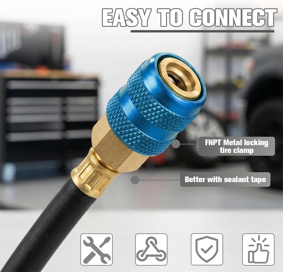 2PCS Car Locking Air Chuck, 1/4" FNPT Metal Vehicle Closed Flow Tire Inflator Nozzle Valve, Lock-on Auto Quick Connect Air Chuck for Air Compressor & Pressure Gauge, Universal Fit (Blue) image 5