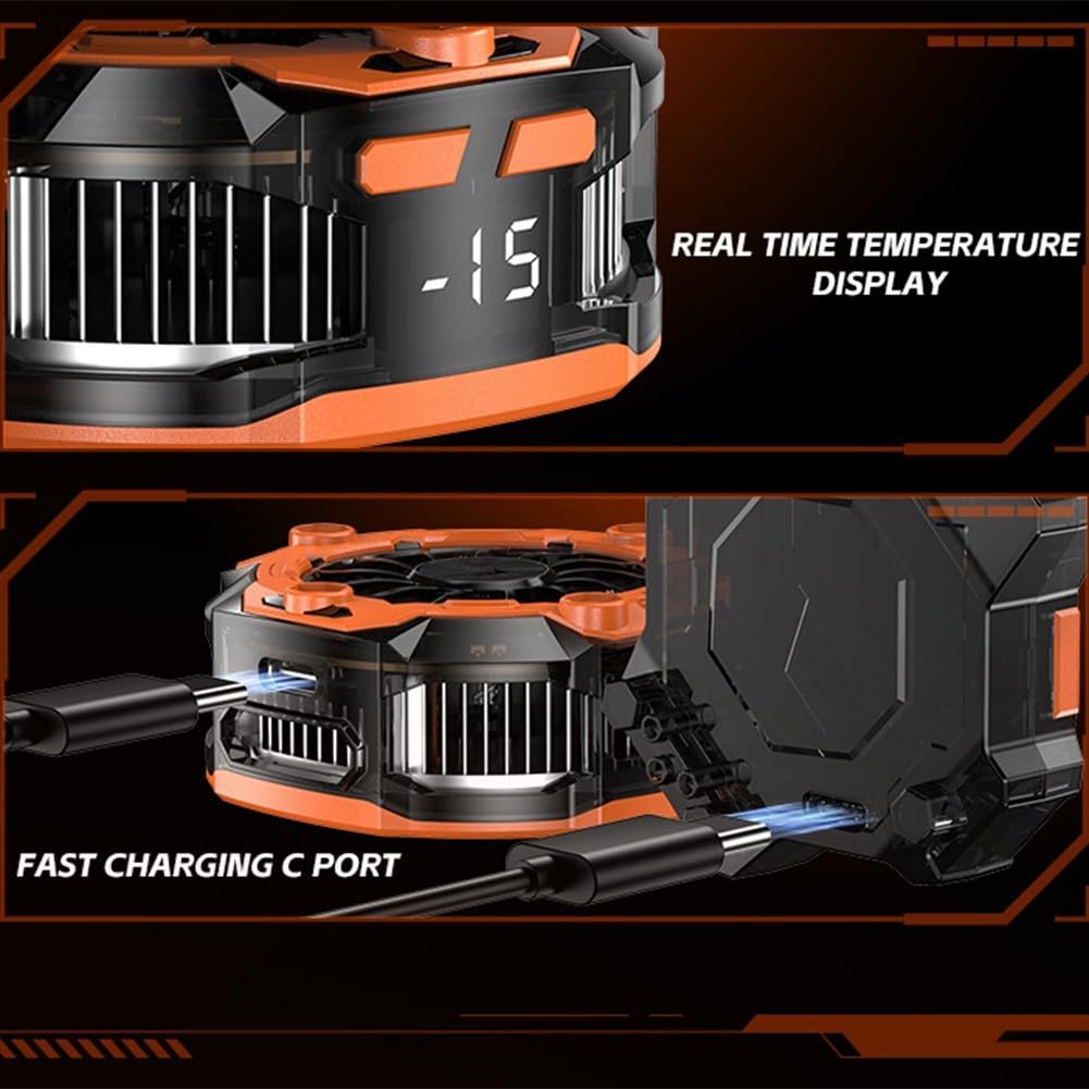 Magnetischer Handykühler mit 2000mAh Akku & LED-Anzeige, 15W Halbleiter-Kühlung für Gaming, Wiederaufladbar, Kompakt 62x62mm, Orange