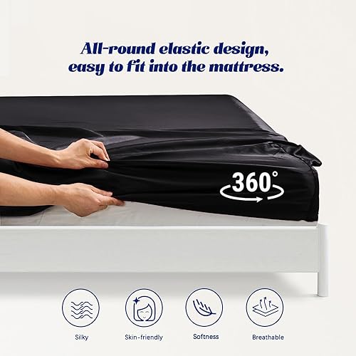 Miniatura 5 de MR&HM Sábana bajera de satén tamaño California King, sábana inferior sedosa con correas elásticas en las esquinas, bolsillo profundo de hasta 15