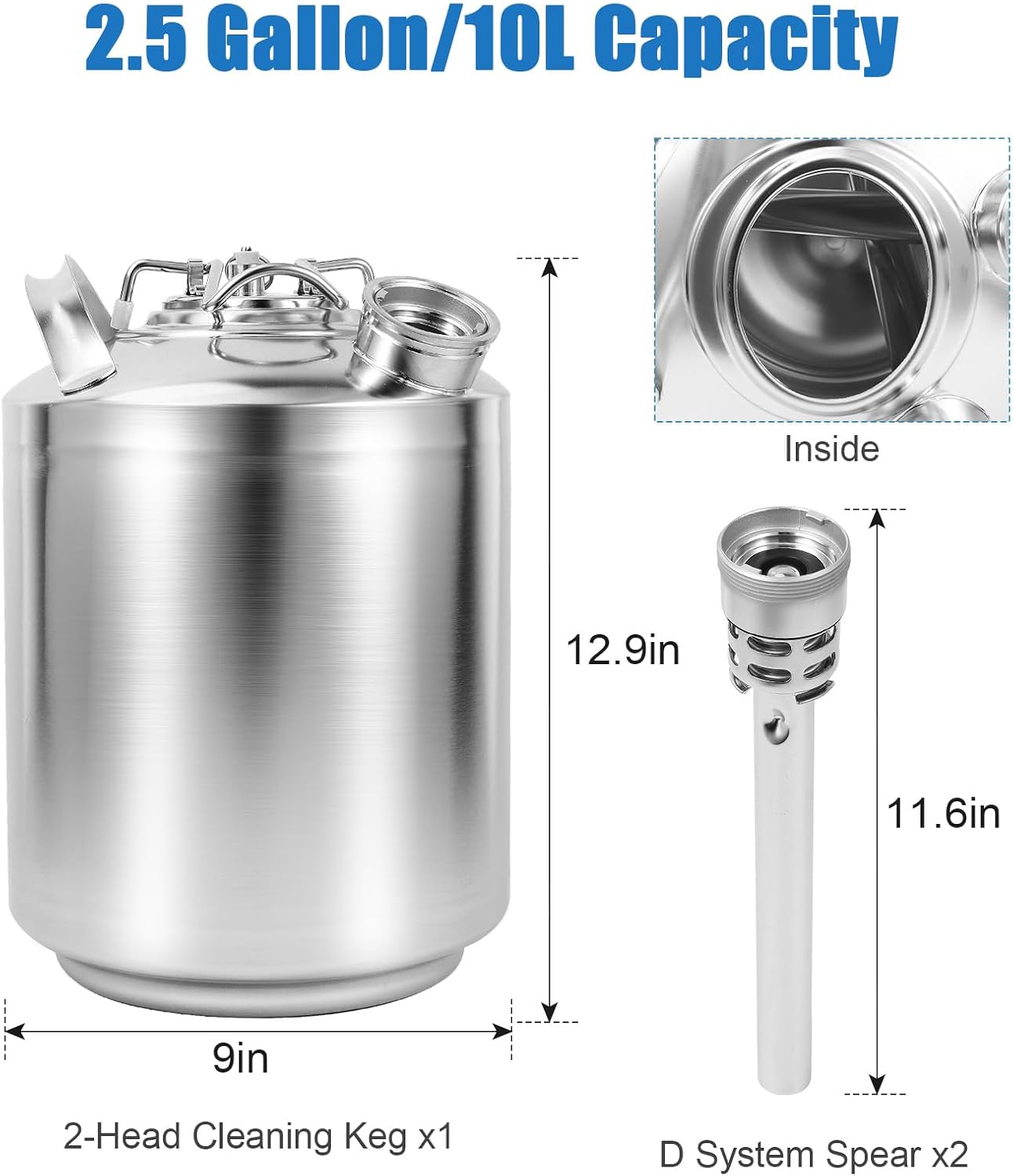 CO2 Regulator Beer Keg Regulator CGA-320 Kegerator Regulator with Precision Control and Safety Valve & 2.5 Gallon Stainless Beer Line Cleaning Keg(10L) with 2 D Spears for D Coupler Mount