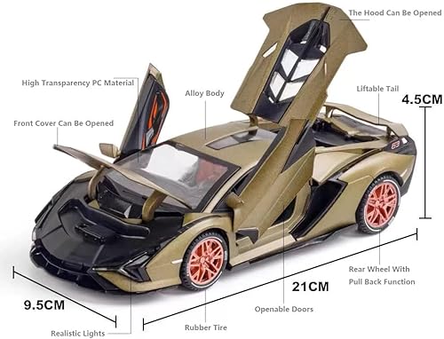 Miniatura 16 de SASBSC Toy Cars Lambo Sian FKP3 - Auto modelo de metal con luz y sonido, auto de juguete con retroceso para niños a partir de 3 años (verde militar)