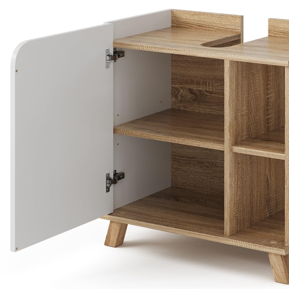Vicco Waschbeckenunterschrank Karen, Sonoma/Weiß, 60 x 65 cm mit Tür und offenen Fächern, mit Siphonausschnitt zur Montage unter dem Waschbecken