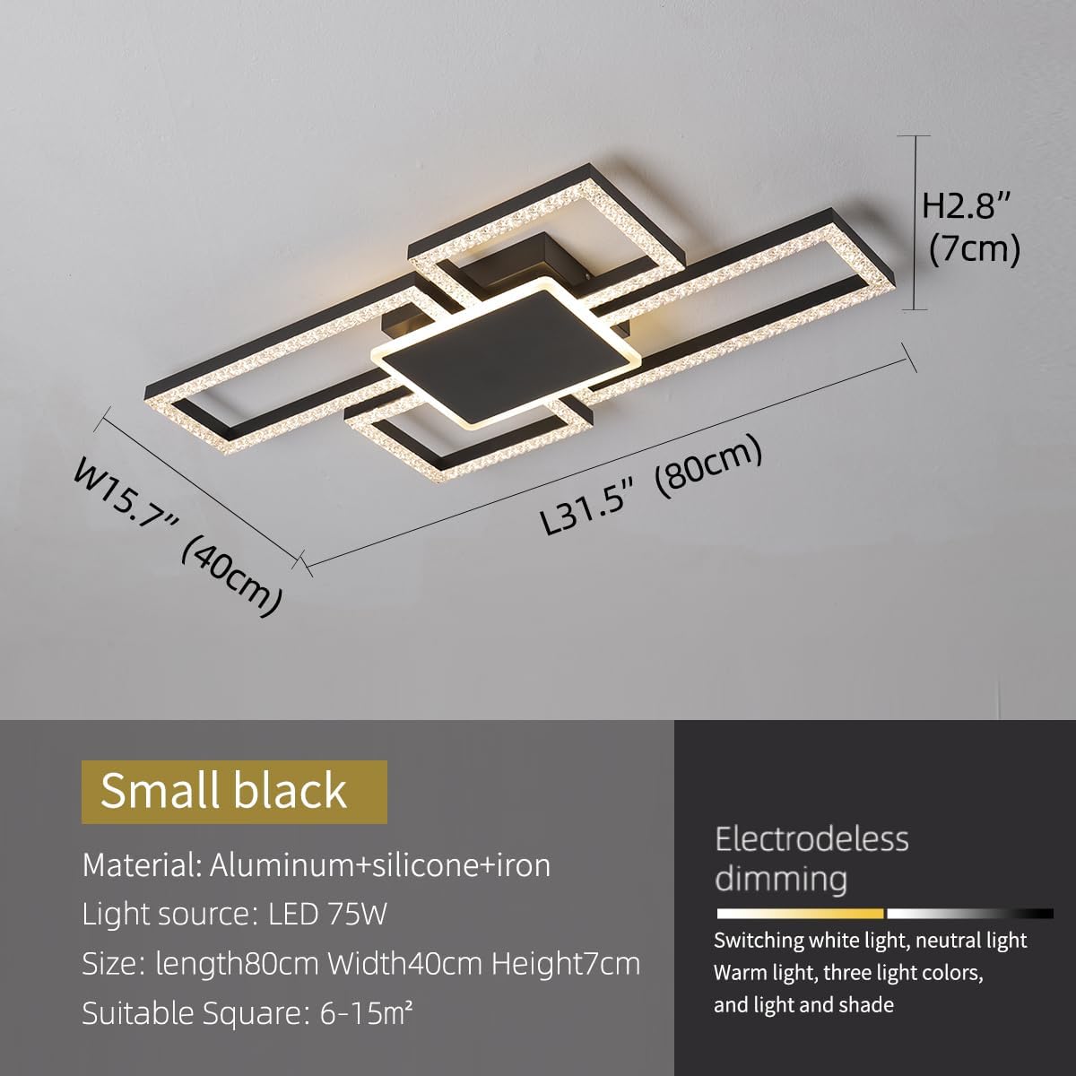 Ceiling Light Square Designs Luxury Ceiling Light Fixture Brightness Adjusted with Remote Control for Living Room Dining Room Bedroom 3000K-6500K (Black, L31.5*W15.7*H2.8 inch)