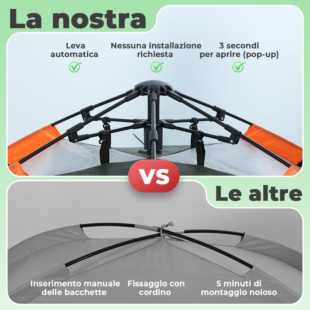 Tenda Campeggio 2-4 Persone Automatica Doppia Porta Anti UV Impermeabile 2 in 1 Interna Esterna