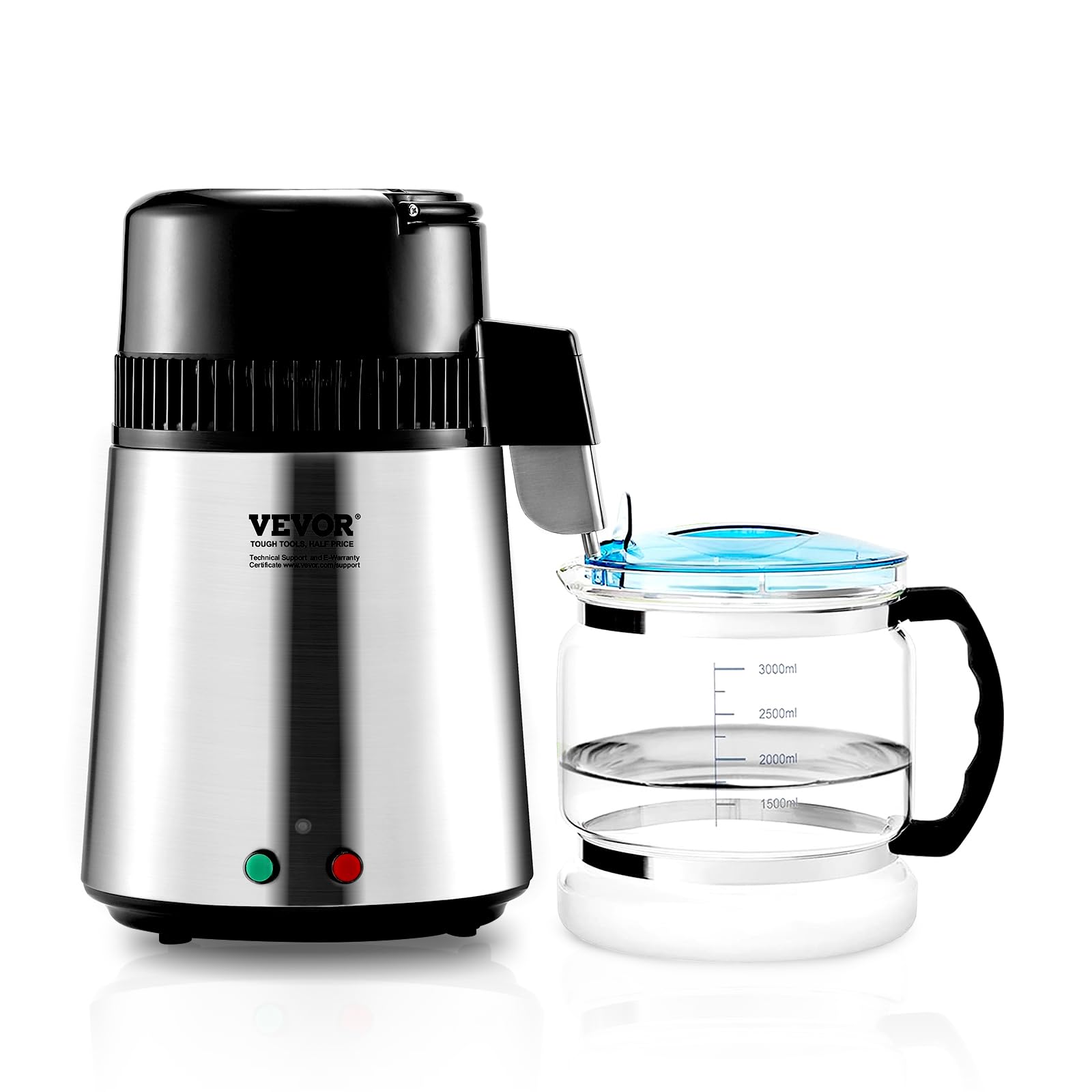 VEVOR Water Distiller, 4L/1.1 Gallon Pure Water Purifier Filter for Home Countertop, 750W Distilled Water Maker, Stainless Steel Interior Distiller Water Making Machine to Make Clean Water, Silver