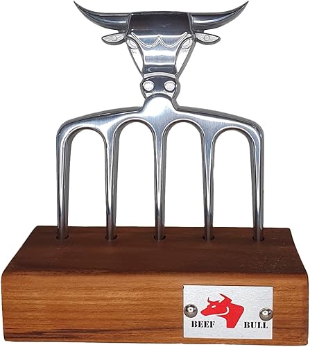 BEEF BULL Kit de tenedor de carne pulida y base decorativa de madera, accesorios para asar a la parrilla de metal sólido y madera mango estilizado