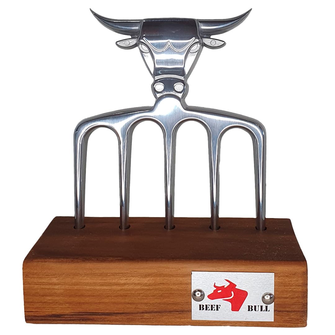 BEEF BULL Polished Meat Fork & Wooden Decorative Base Kit Solid Metal and Wood Grilling Accessories: Stylized 5-pronged BBQ Fork Handle to complement Griddle Accessories Kit, a great Gift Set for Men