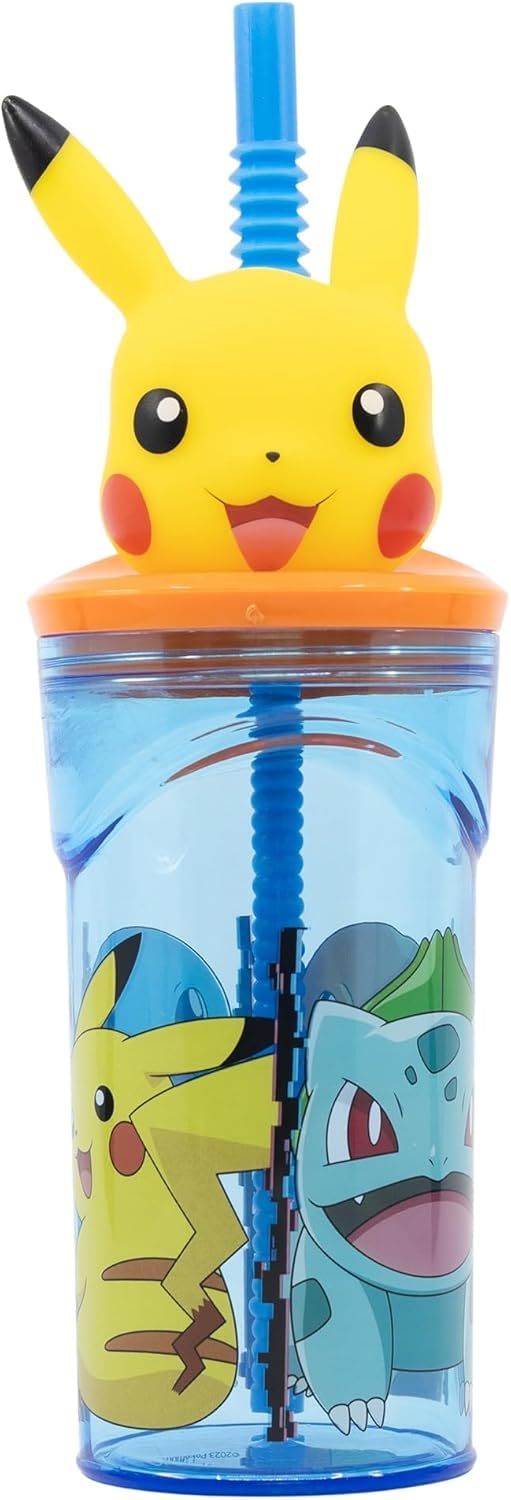 Pokemon 3D Figurine Tumbler with Straw โ 360ml BPA-Free Plastic Kids Cup โ Official Pikachu Design โ Reusable Character Drinkware for School, Picnics, or Travel