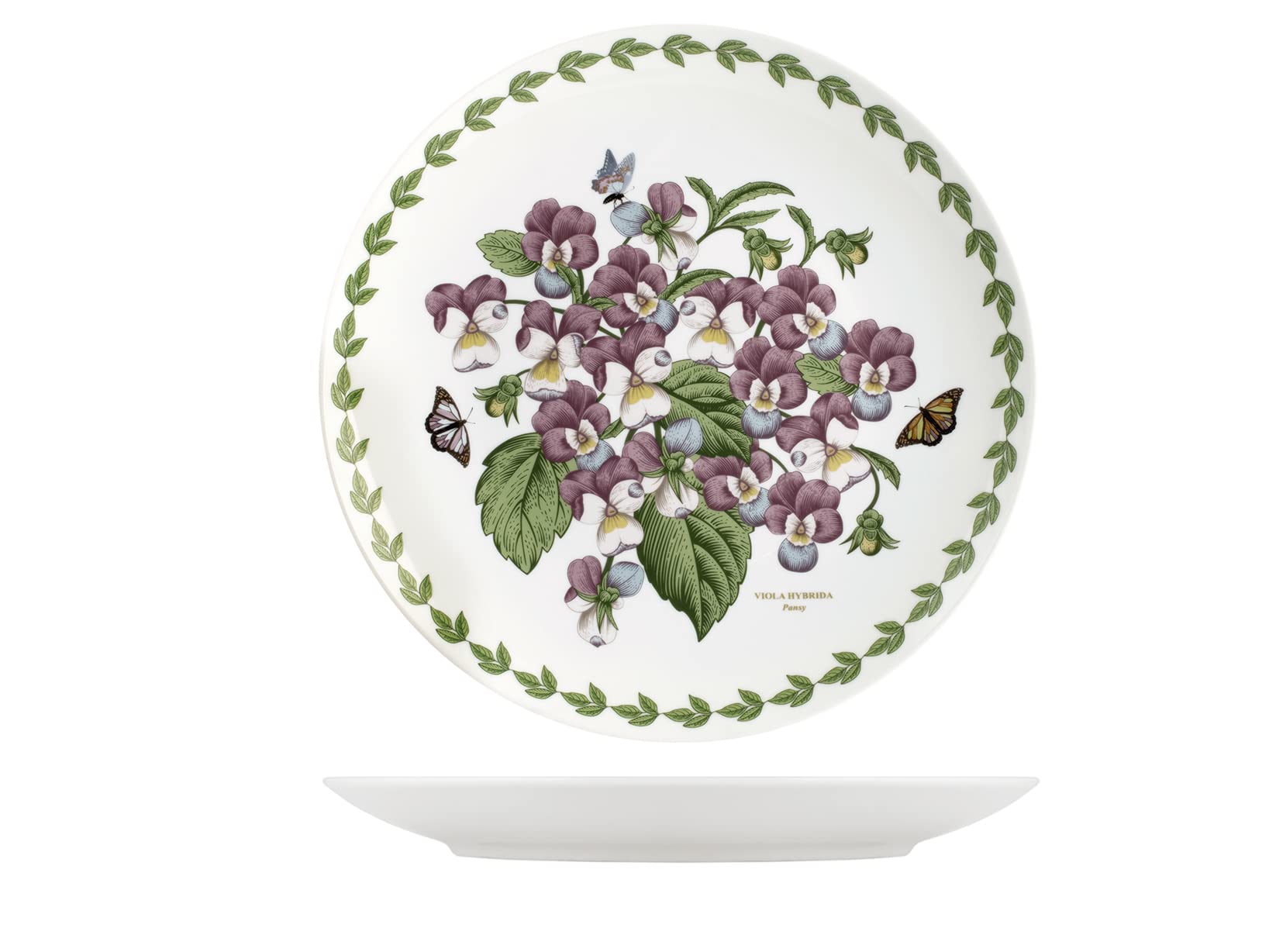 H&H Set di 6 Piatti Piani, Flowers, in Porcellana, 27 cm, Bordo Decorato in Verde con Illustrazioni Botaniche Assortite, Lavabili in Lavastoviglie e Adatti al Microonde