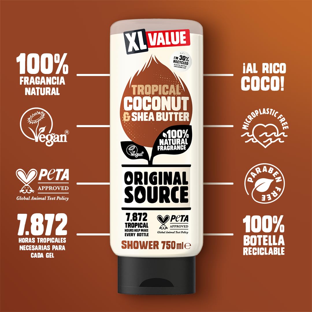 Original Source Żel pod prysznic z orzechami kokosowymi i masłem shea, 100% naturalny zapach, wegański, nietestowany na zwierzętach, bez parabenów, duża butelka, 750 ml