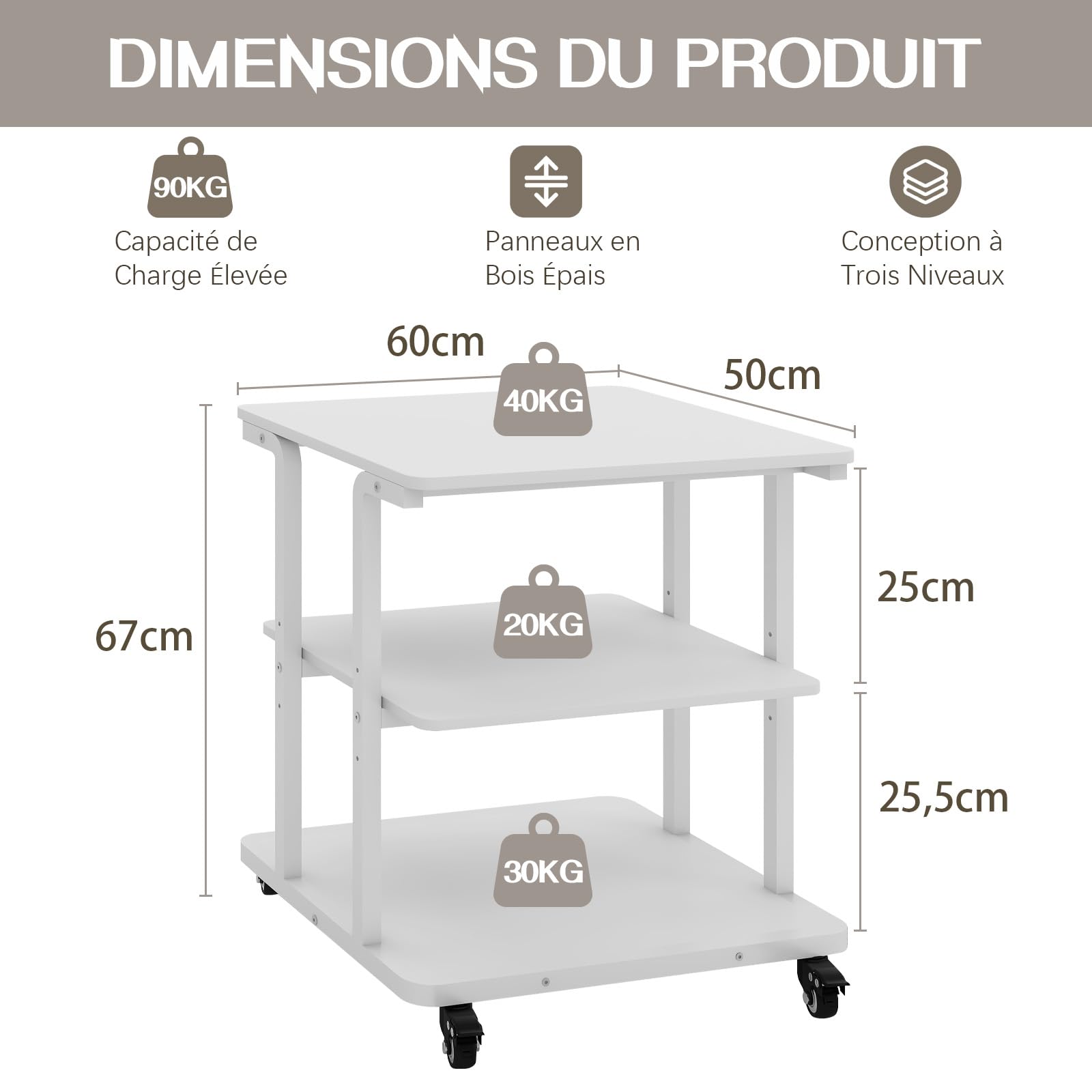 PUNCIA Support Imprimante à 3 Niveaux Meuble Rangement 60x50x68CM (Blanc) | Table de Chevet avec Roulettes Caisson Bureau de Rangement Organisateur de Stockage Charge de 90KG pour Bureau à Domicile