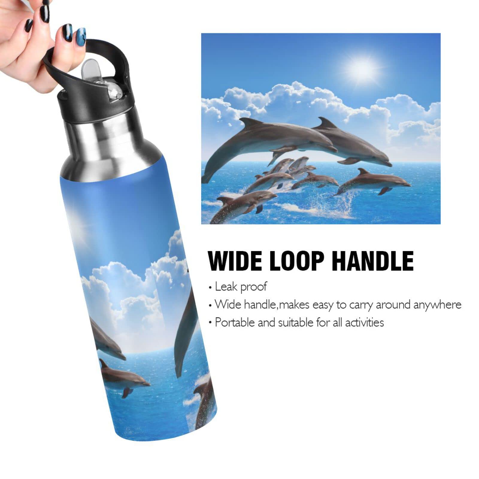 Meerjungfrau Delphin Edelstahl Trinkflasche 600 Ml – Isoliert, Auslaufsicher, Mit Strohhalm Für Kinder