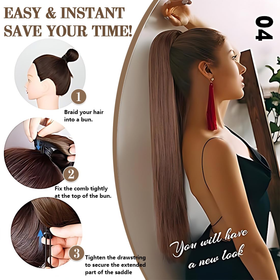 Coleta Postiza Extensiones Pelo, Coleta Postiza Pelo Naturalde De 60 Cm De Largo Cabello Liso, Cabello Sintético Para Mujeres Y Niñas