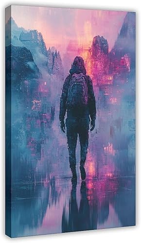 Glitchcore Pixel Art Print  Retro-Futuristic Digital Landscape Wall Decor  Cyberpunk Room Aesthetic Vintage Wall Decoration Famous Oil Paintings for