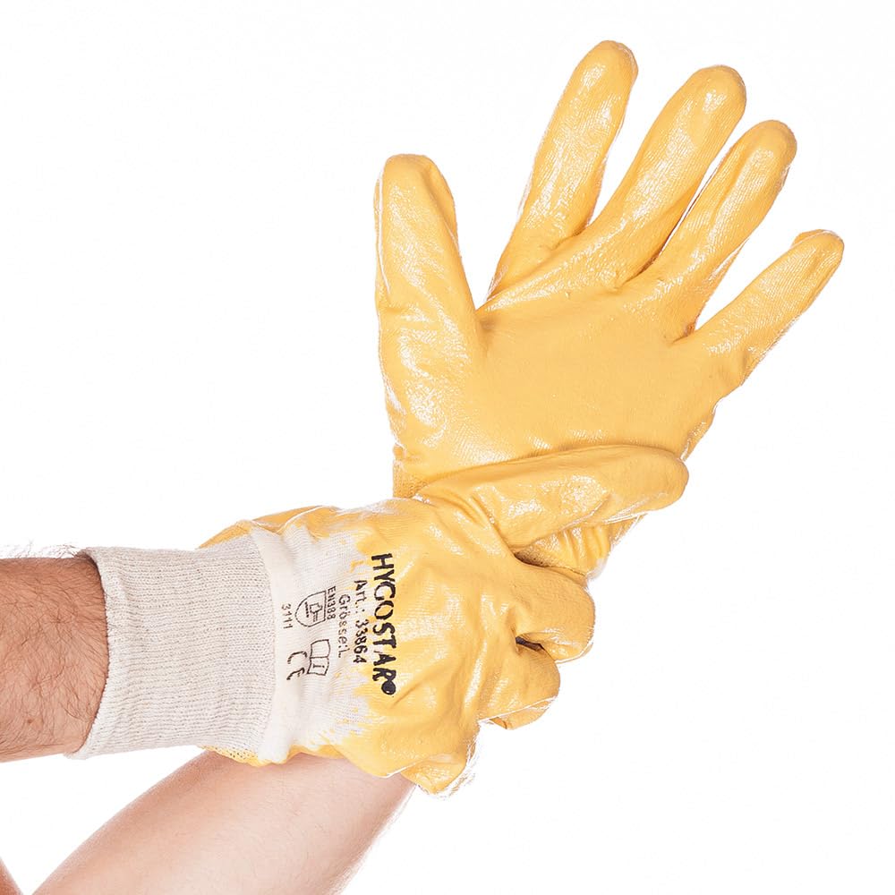 FRANZ MENSCH 120 Stück Hygostar Arbeitshandschuhe Nitril Grip | Nitril-Beschichtung, natur-gelb, 9/L, L: 25cm, Karton, Schutzhandschuhe, Arbeitshandschuhe,Nylonhandschuhe
