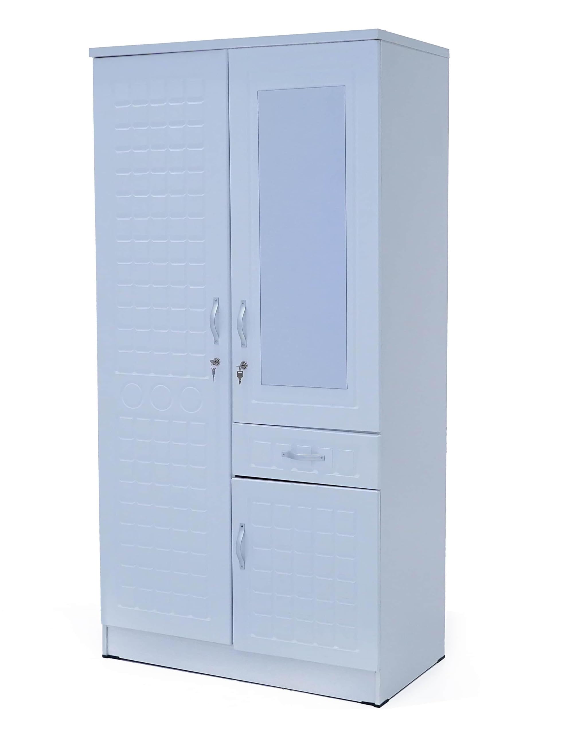 TWO DOOR WOODEN WARDROBE, TWO LOCKABLE DOORS WITH MIRROR,ONE SIDE FOUR SHELVES AND THE OTHER SIDE ONE SHELF ABOVE THE CLOTHES HANGER AND ONE DRAWER,COLOR WHITE.