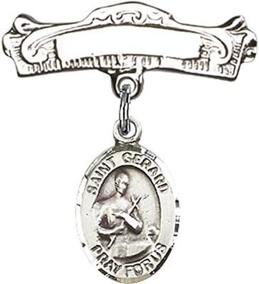 Sterling Silver Baby Badge with St. Gerard Charm and Arched Polished Badge Pin 7/8 X 7/8 inches