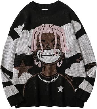 LATAHUO Long Sleeve Crewneck Anime Rapper Knit Sweater Harajuku Hip Hop Rap Vintage Knitted Sweater Streetwear
