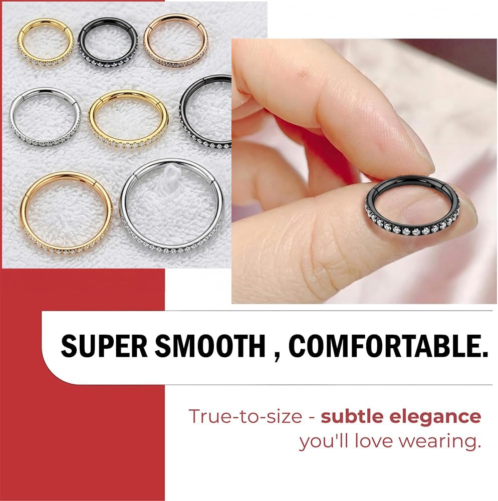 Micro Setting Cz Stones 16 Gauge (1.2mm) 316L Surgical Steel Hinged Clicker Segment Ring, Cartilage, Helix, Tragus, Piercing Jewelry