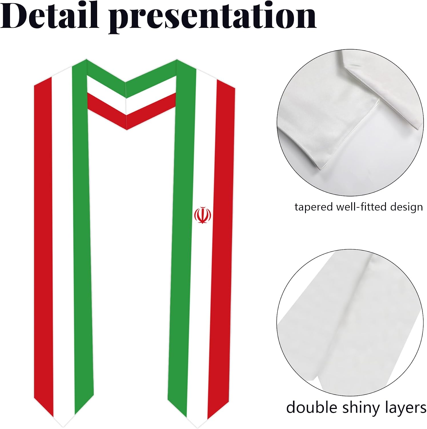Iran Flag Graduation Sash Satin Scarf 72" Stole for Abroad Student International Study Class