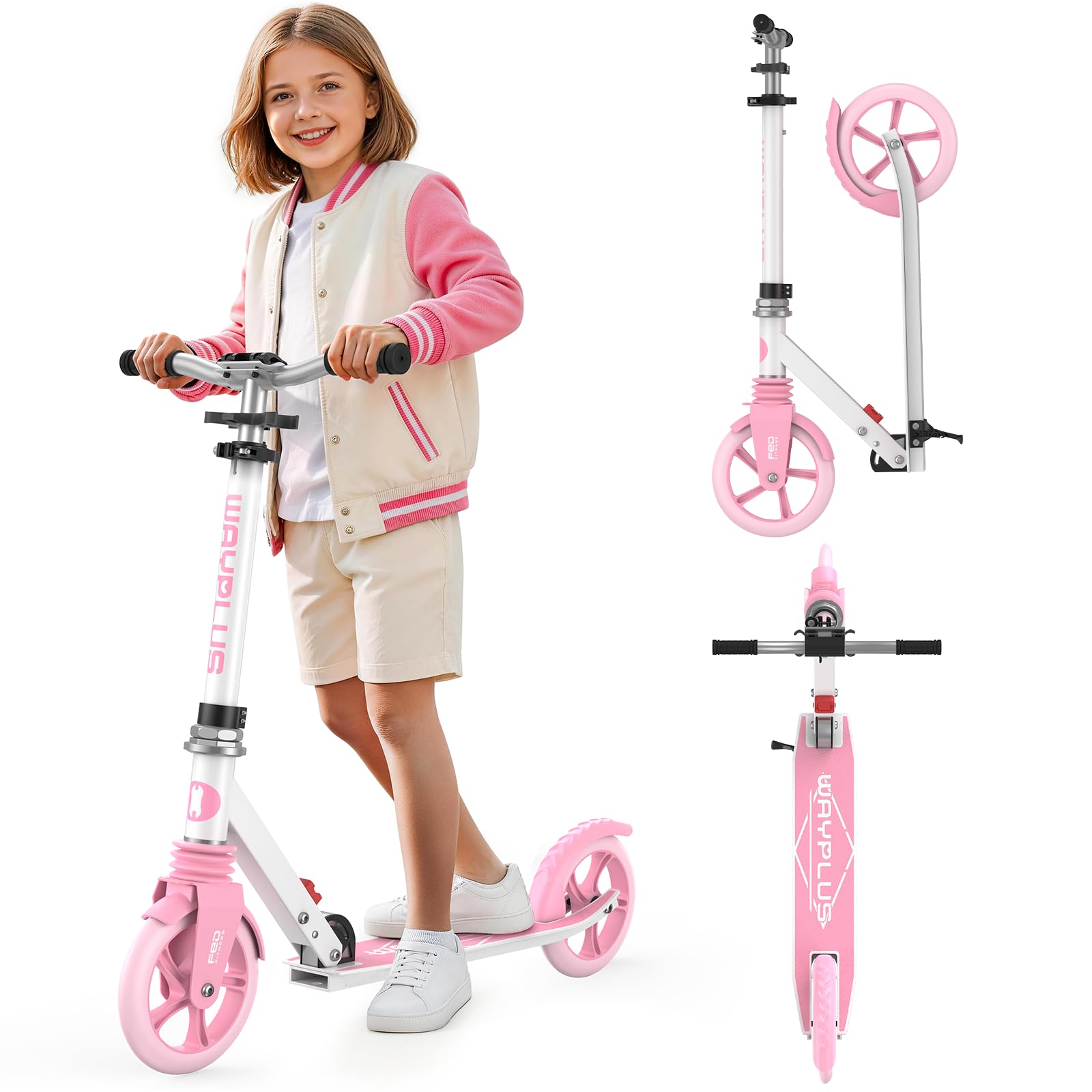 WAYPLUS KS1 Kick Scooter for Kids Ages 6+, Teens & Adults, 8IN Big Wheels, Foldable Scooter with Adjustable Handlebar, Front Suspension, Carry Strap, 240 lb Capacity, ABEC-9 Bearings | FED Fitness